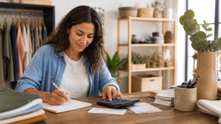 Propietaria de una pequeña empresa aprendiendo contabilidad con documentos ordenados