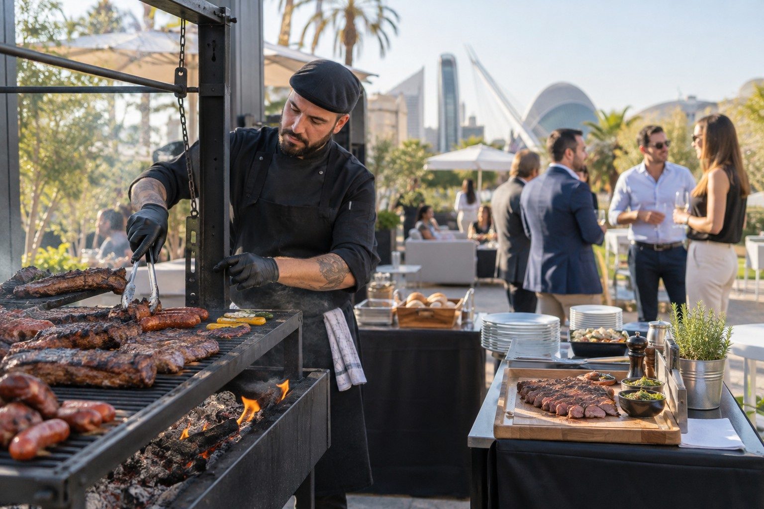 Cocinero preparando un asado en una parrilla durante un encuentro de empresa al aire libre