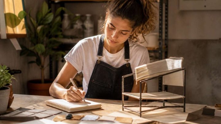 Emprendedora desarrollando un prototipo y tomando notas en un taller