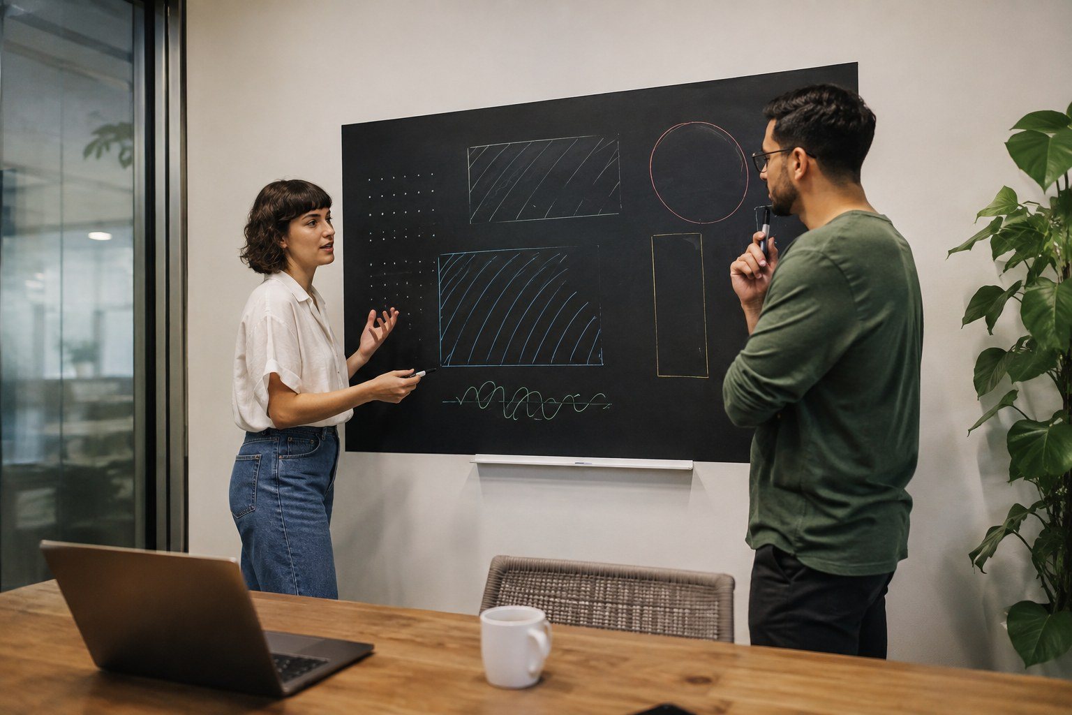 Dos personas ensayando una presentación en una sala de reuniones