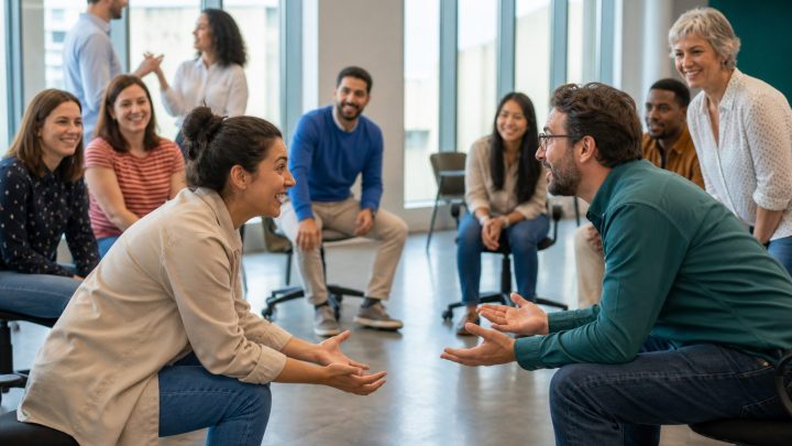 Compañeros participando en un ejercicio de improvisación empresarial