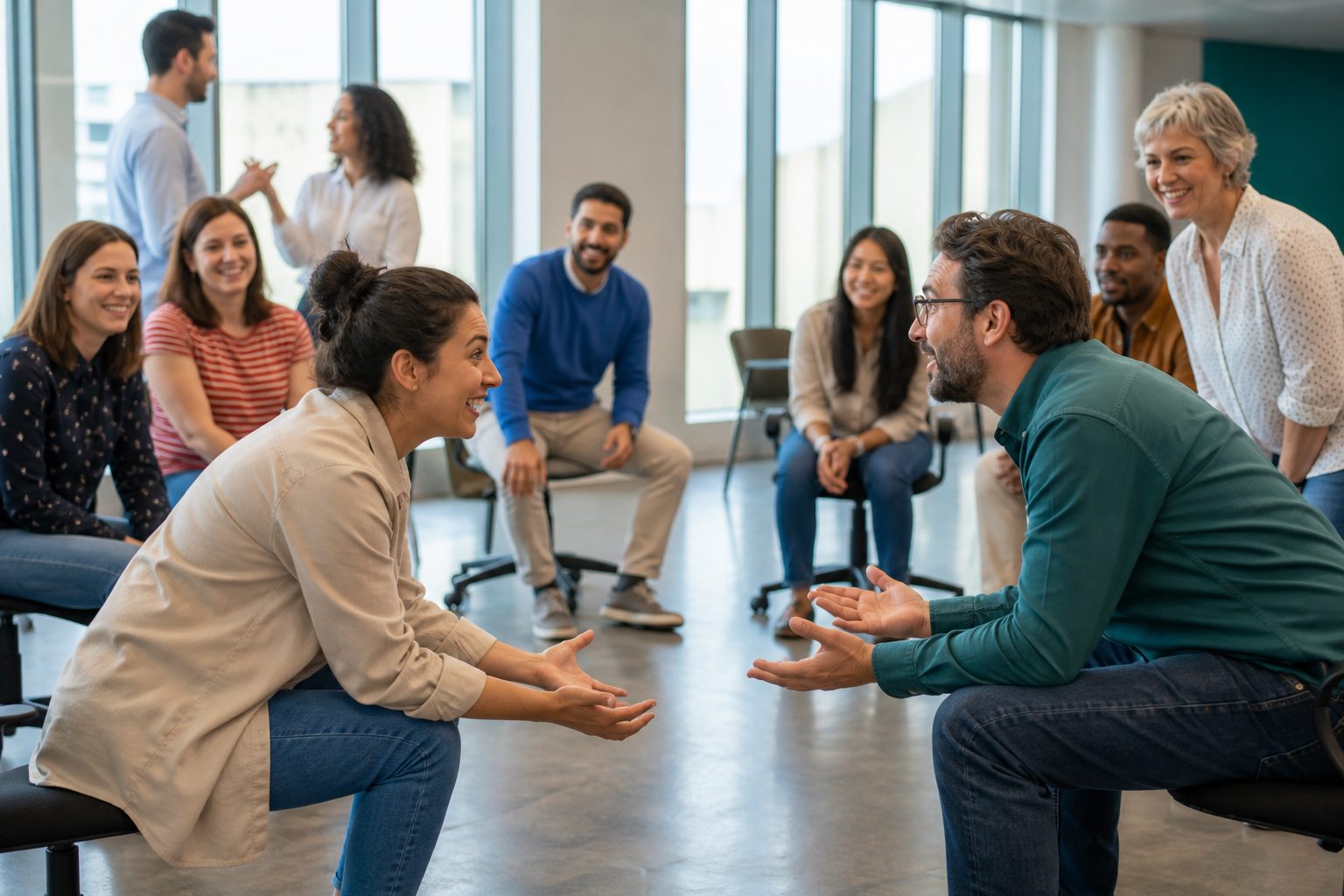 Compañeros participando en un ejercicio de improvisación empresarial