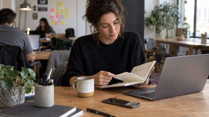 Emprendedora revisa apuntes sobre una idea de negocio