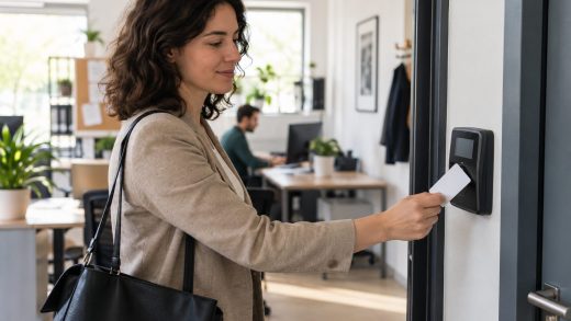 Una trabajadora utiliza una tarjeta para registrar su entrada en la oficina de una pyme