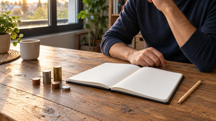 Persona reflexionando ante una libreta en blanco y pequeñas pilas de monedas junto a una ventana